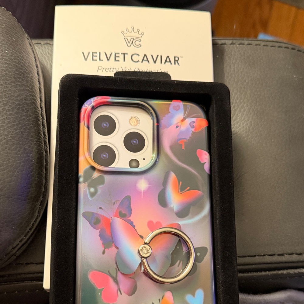 For Pro max 15 Velvet Caviar Butterfly Case with Ring - Pink and Blue